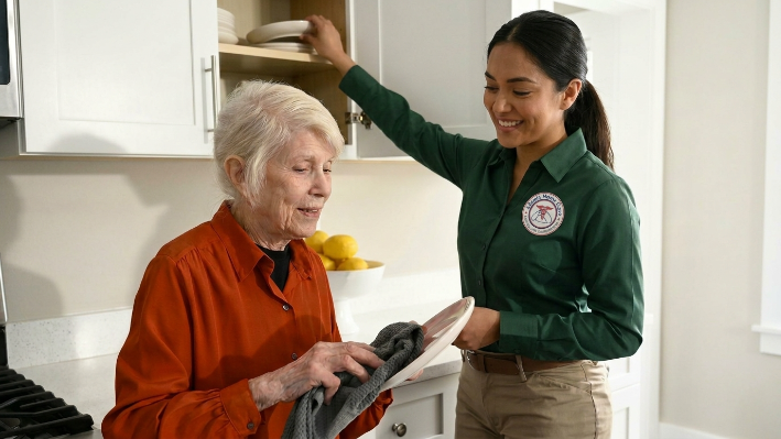 An older woman in an orange blouse dries off a dish with a towel while a female care giver stands close by, putting away another dish.