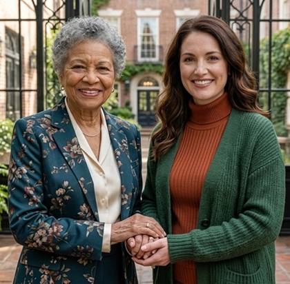 An older woman in a mauve jacket stands next to a younger female care giver. Their hands are intertwined. 