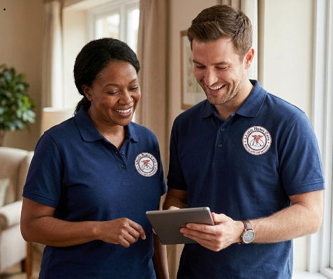 Two female care givers stand side by side, outdoors, and smile at the camera. 