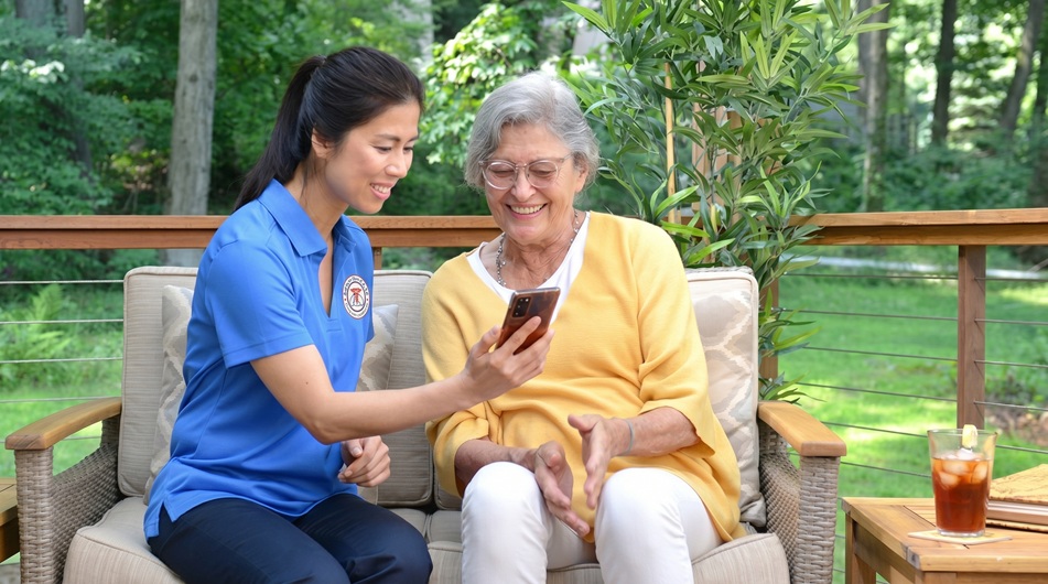 A Adonis Home Care senior home care provider shows an elderly woman a phone in the yard.